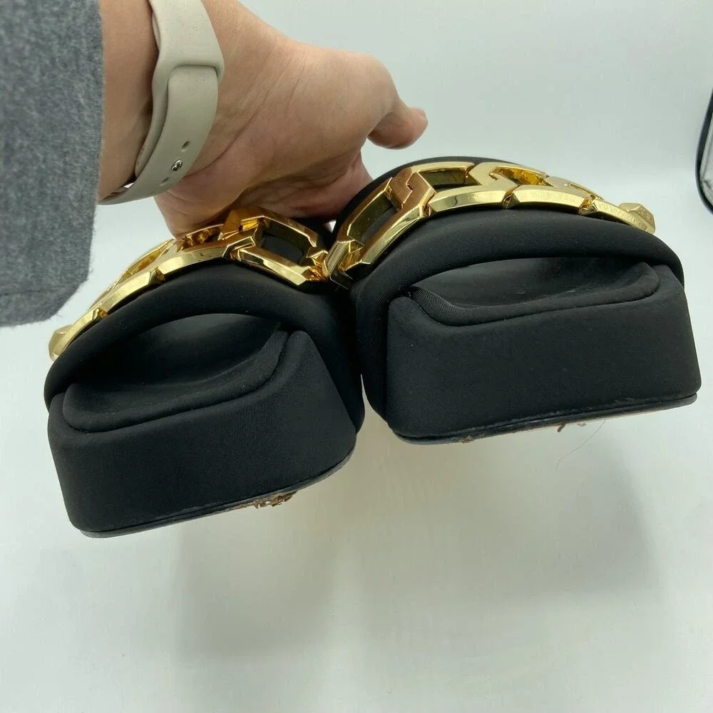 Good American Platform Slide Sandals Women Size 9.5 Black Gold Chain Link Padded